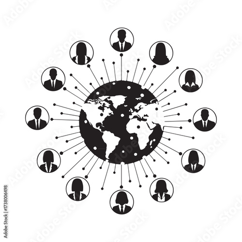 Black and White Global Business Network Communication Vector Illustration
