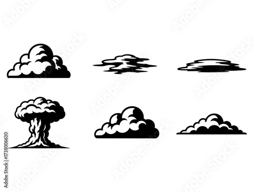 Diverse collection of stylized cloud graphics featuring atmospheric elements and a powerful explosion cloud illustration