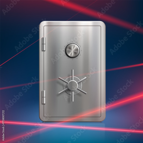 Metal safe vaulted door with a combination lock. Red security beams of a bank alarm. Vector illustration.