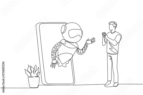 Continuous one line drawing man stands holds a smartphone and robot comes out of big smartphone. Chat with chatbot. International Virtual Assistants Day. Single line draw design vector illustration