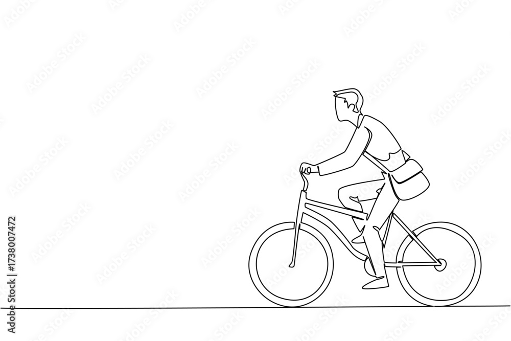 Obraz premium Single continuous line drawing businessman in suit and tie riding a bicycle while carrying a briefcase. Keep fit. Stay healthy. Biker. National Bike to Work Day. One line design vector illustration