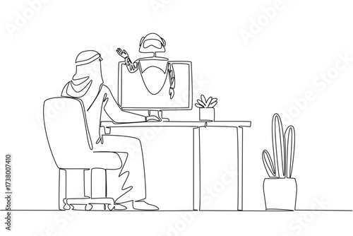 Continuous one line drawing Arab man sits facing monitor that comes out of robot on work desk. Ask AI ​​about bugs. International Virtual Assistants Day. Single line draw design vector illustration