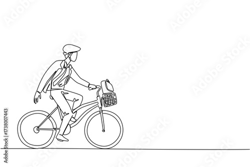 Single continuous line drawing businessman with helmet riding bicycle carrying a briefcase in basket. Keep safety first. Cycling wisely. National Bike to Work Day. One line design vector illustration