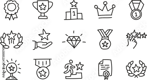 Hand drawn doodle award icons trophy medal star crown vector Icon set