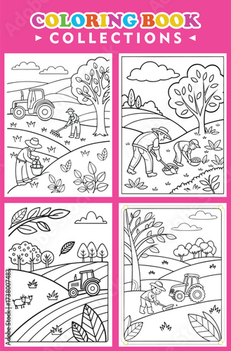 Four Simple Farming And Nature Scenes For A Coloring Book Collection Art