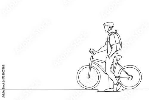 Single continuous line drawing businessman with bicycle helmet, carrying backpack and pushing his bicycle. Take a walk, take a break. National Bike to Work Day. One line design vector illustration