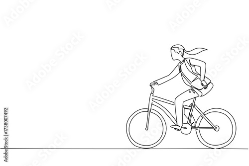 Single one line drawing businesswoman in blazer riding a bicycle while carrying a briefcase. High speed mode. Lifestyle. Biker. National Bike to Work Day. Continuous line design graphic illustration