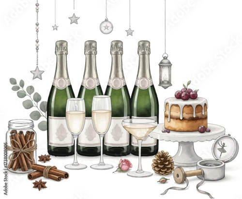 Wine and champagne bottles with glasses ready for celebration