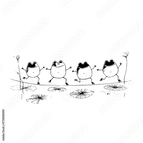 Frogs on a tightrope over lily pads in black and white line art illustration with simple details