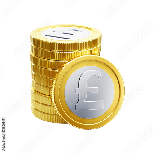The pound sterling coins. Composition featuring ten metallic coins with the pound sterling symbol on them, all set against a transparent background. 3D rendered graphics.