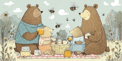 Whimsical cartoon bear family picnic with sweet honey jars and many buzzing bees