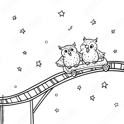 Two cartoon owls riding a roller coaster under a starry sky in a black and white line drawing style