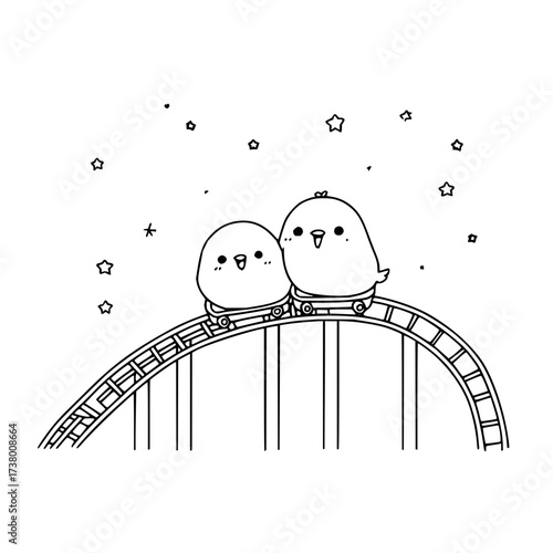Two cartoon chicks riding a roller coaster under a starry sky in a black and white line drawing style