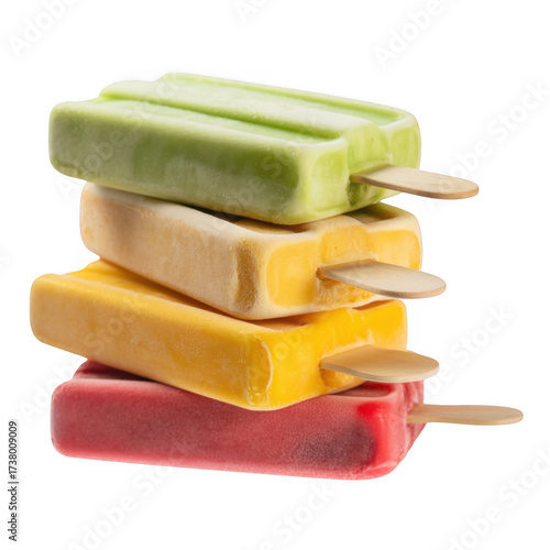 Stack of colorful fruit popsicles isolated on transparent background