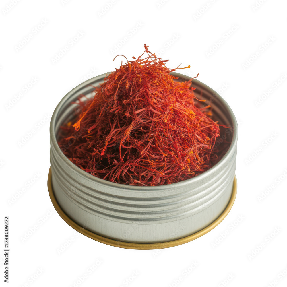 Fototapeta premium A pile of dried saffron threads in a metal container isolated on transparent background