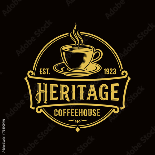 Vintage gold coffeehouse logo with steaming cup and 'Heritage Coffeehouse' text on black background.