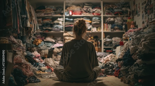 Woman meditates among piles of clothes, closet shelves overflowing. Use it for stress, overwhelm, or the need for organization concepts.
