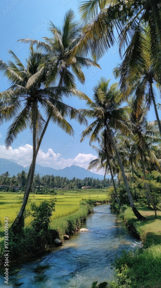 Obraz premium Palm trees frame a bright stream flowing through a verdant rice field, mountains in the distance