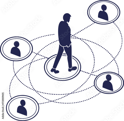 Silhouette of a man walking surrounded by connected people icons on white background vector.