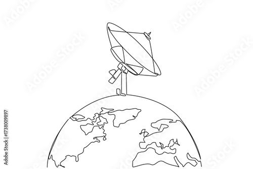Single continuous line drawing half globe with satellite receiver on top. Receiving signals from outer space. World Telecommunication and Information Society Day. One line design vector illustration