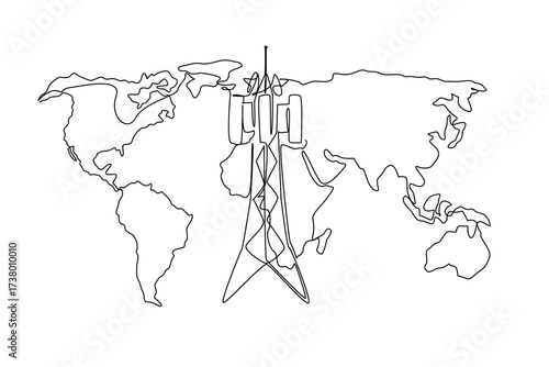 Single one line drawing transmitter tower with world map background. Satellite coverage is widespread. World Telecommunication and Information Society Day. Continuous line design graphic illustration