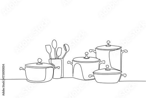 Single one line drawing stack of clean pots and ladles. Collection of cooking tools. Makes every cooking easier. Equipment. National No Dirty Dishes Day. Continuous line design graphic illustration