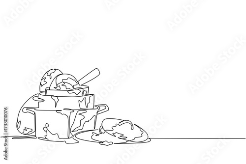 Single continuous line drawing pile of dirty pots and lids. Washing used eating utensils will take a lot of time. Germs. Dirty. Chore. National No Dirty Dishes Day. One line design vector illustration