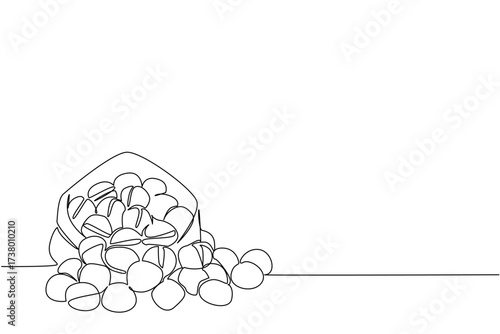 Single continuous line drawing walnuts in a paper bag and some scattered. Tens or even hundreds of walnuts from the harvest. High in nutrition. National Walnut Day. One line design vector illustration