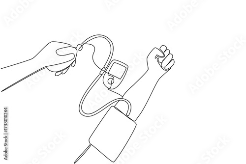 Single one line drawing hand is being tensed. Regular routine health checks. Realizing the importance of health. Healthy living. World Hypertension Day. Continuous line design graphic illustration