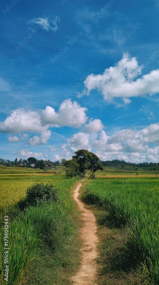 Obraz premium Path through green rice fields under a bright blue sky with fluffy clouds