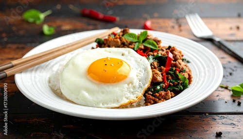 Fried egg, rice, and spicy minced meat dish on a plate