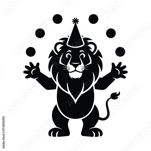 Majestic lion juggler wearing party hat entertaining with spheres in a circus performance silhouette