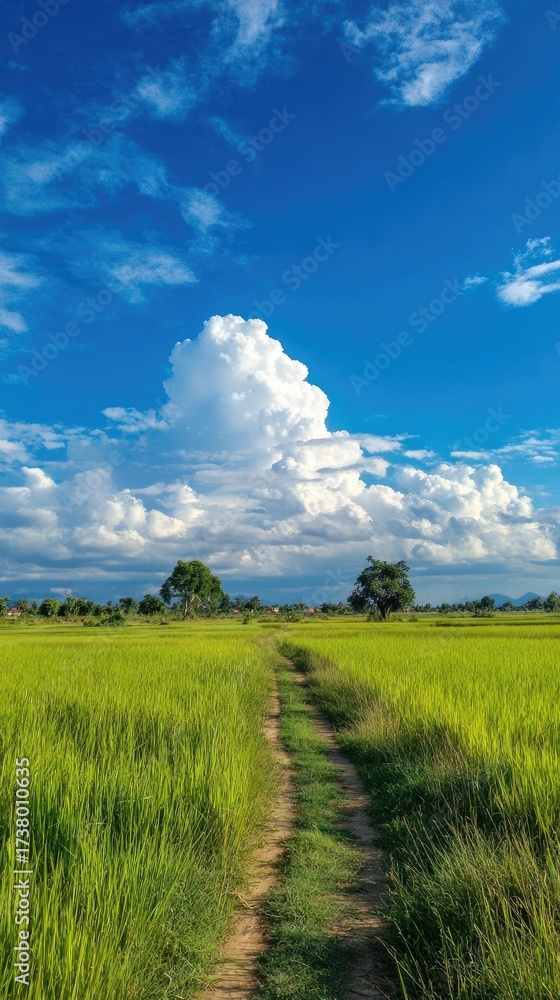 Obraz premium Path through vibrant green rice fields under a stunning, bright blue sky