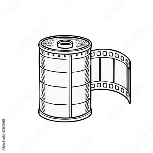 Hand drawn sketch of a film reel with tape extending out on a white background