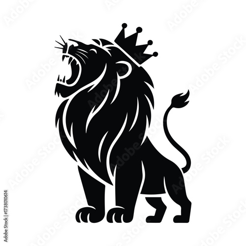 Majestic roaring lion silhouette wearing a royal crown symbolizing power and leadership silhouette