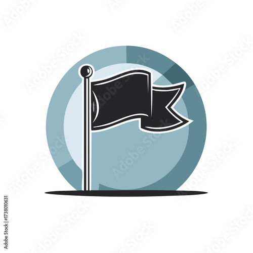 Simple Flat Icon of a Black Flag Waving Proudly on a Circle Background, Ready for Adventures and Success