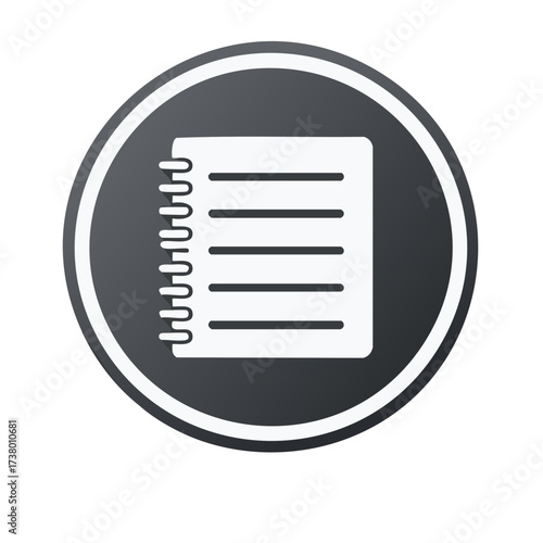 Lined spiral notebook icon in a black circular button. Vector symbol for notes and documents.