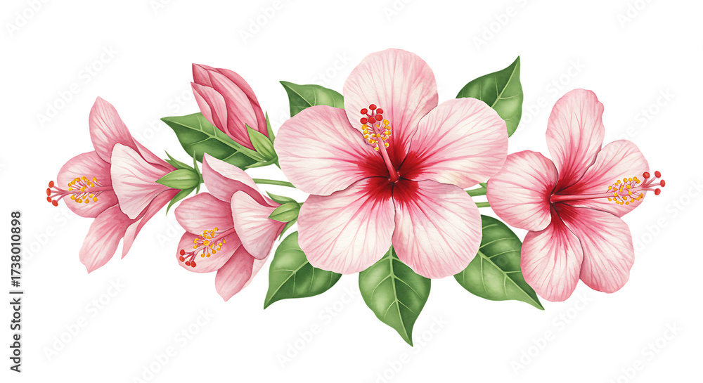 Obraz premium Pink Hibiscus Flower Arrangement with Green Leaves on Transparent Background