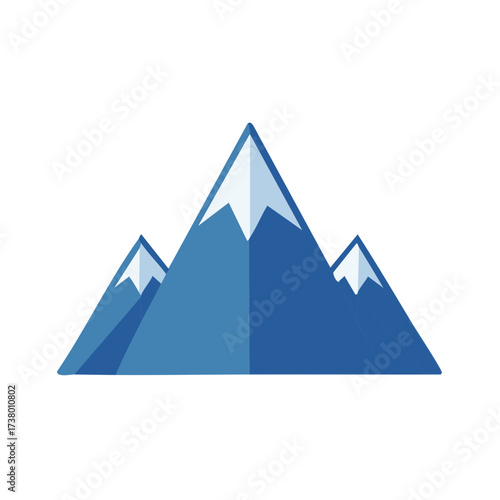 Simplified mountain range illustration featuring three peaks with snowy summits, geometric design in shades of blue