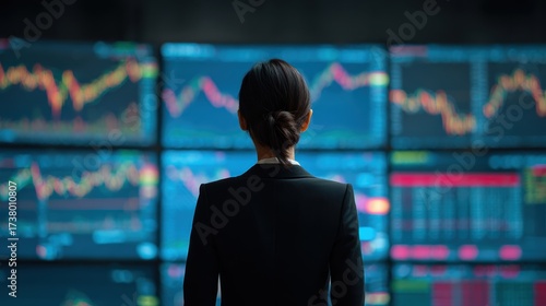 A businesswoman analyzing stock market data on multiple screens in a modern office setting.