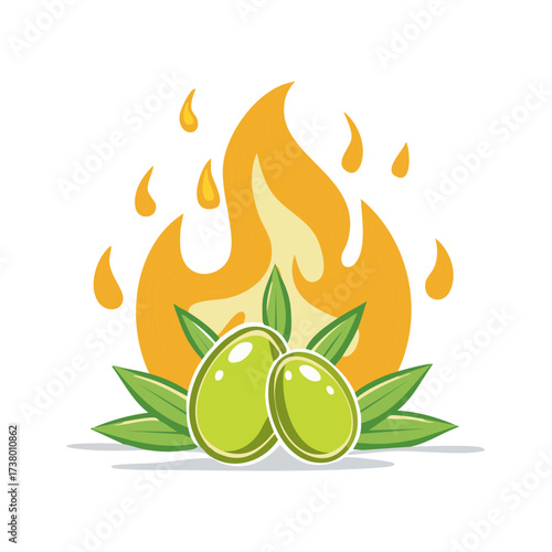 Olive oil olives with leaves and fire graphic element illustration