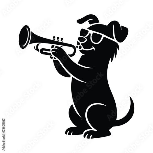 Playful dog wearing sunglasses blowing trumpet musical instrument fun entertainment silhouette