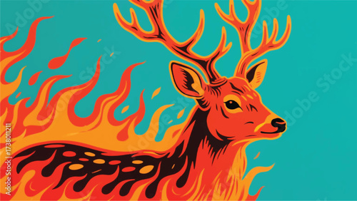 Hot Fiery Wild Stag Illustrator Artwork Banner Background Design Template 