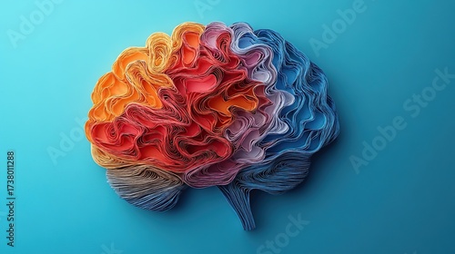 Layered paper brain with warm to cool gradient on light blue background blending hemispheric symbolism artistic anatomy cognition emotion and creative duality