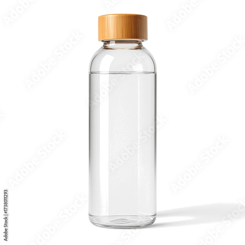 Reusable Glass Water Bottle with Bamboo Lid on Transparent Background