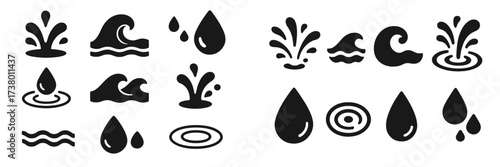Water droplets and wave symbols in various designs for creative projects and illustrations