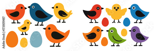 Colorful cartoon birds and eggs in a cheerful spring scene with playful designs and bright hues