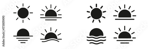 Various simple sun and sunset illustrations with minimalistic design for creative projects
