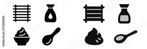 Culinary elements featuring various condiments, textures, and utensils ideal for food preparation and presentation