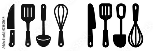 Various kitchen utensils arranged side by side on a plain background showcasing essential cooking tools for meal preparation